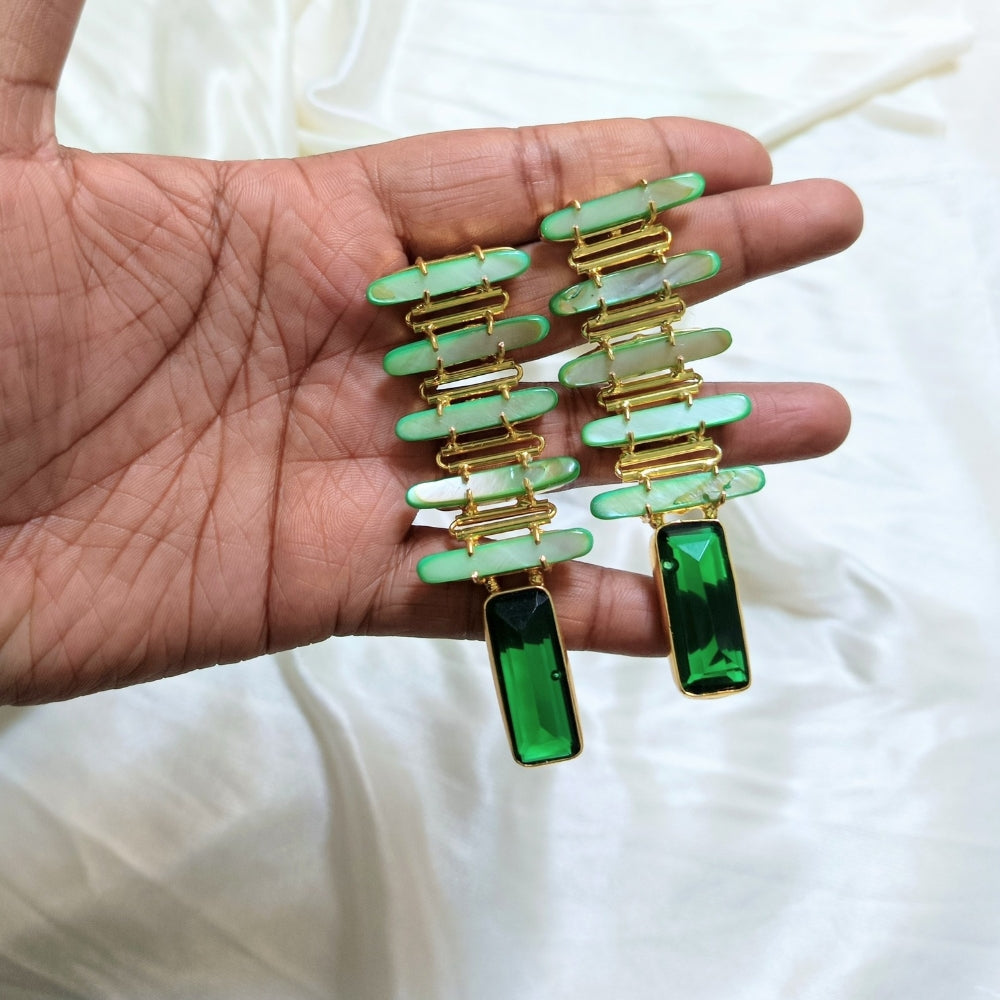 Green Gemstone & Pearl Layered Long Drop Earring