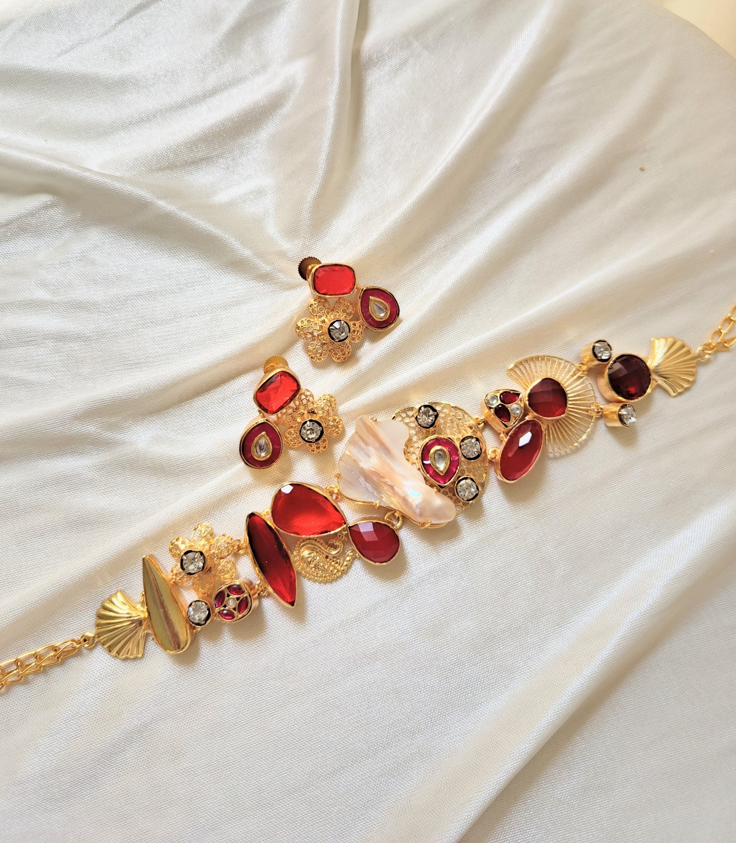 Luxury Ruby-Tone Statement Necklace Set with Baroque Pearl & Earrings