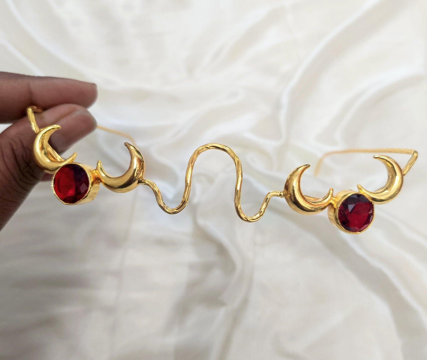 Gold Crescent Moon Red Stone facelets