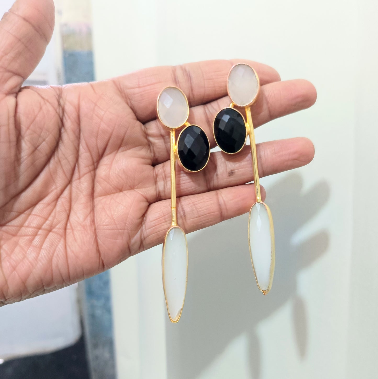 Luxury Gold Plated Black Onyx & White Stone Drop Earring