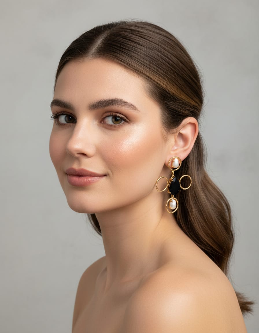 Modern Gold plated Black and Pearl designer Drop Earring