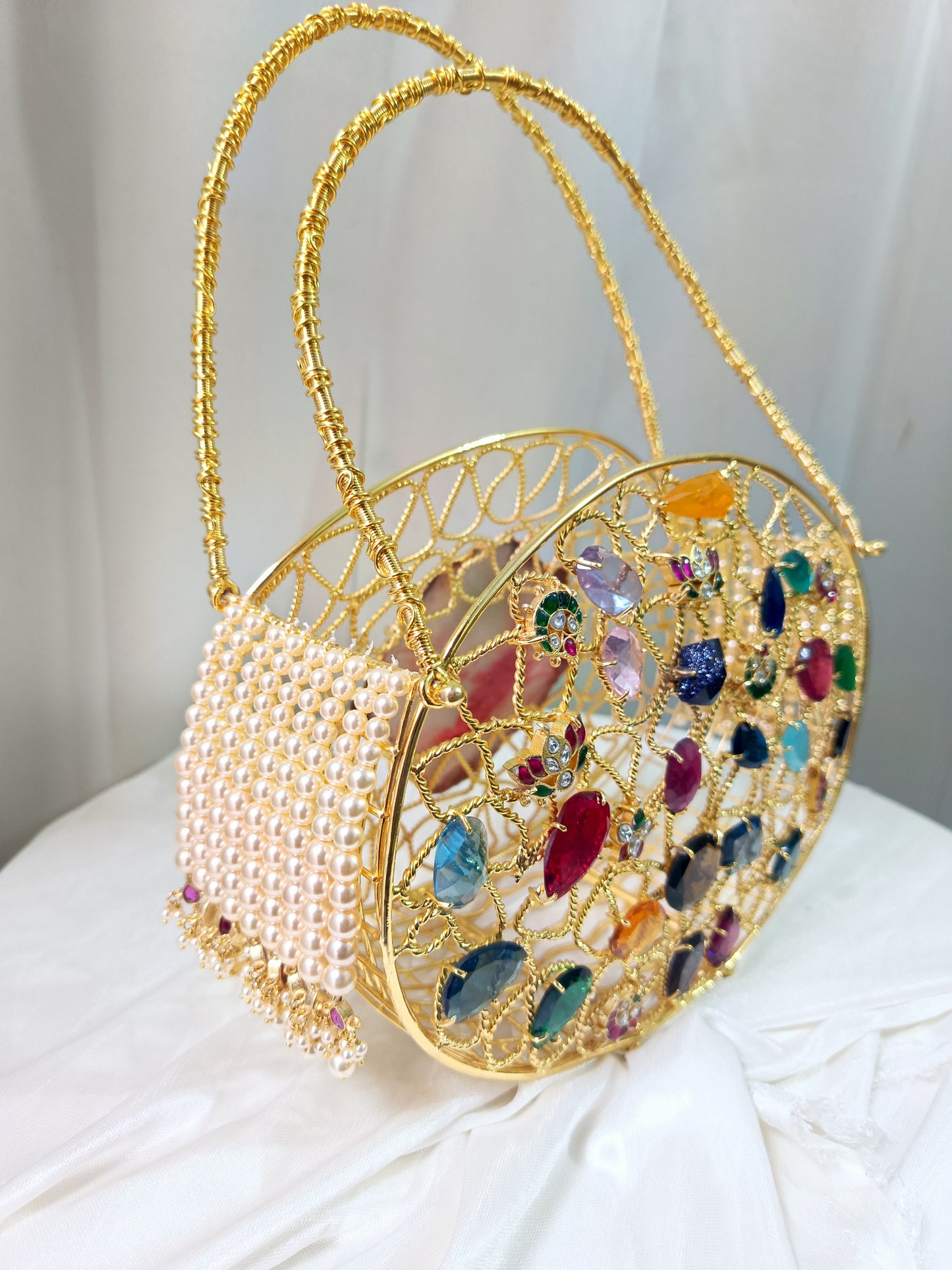 Multi-Stone Embellished Gold Metal Clutch Bag