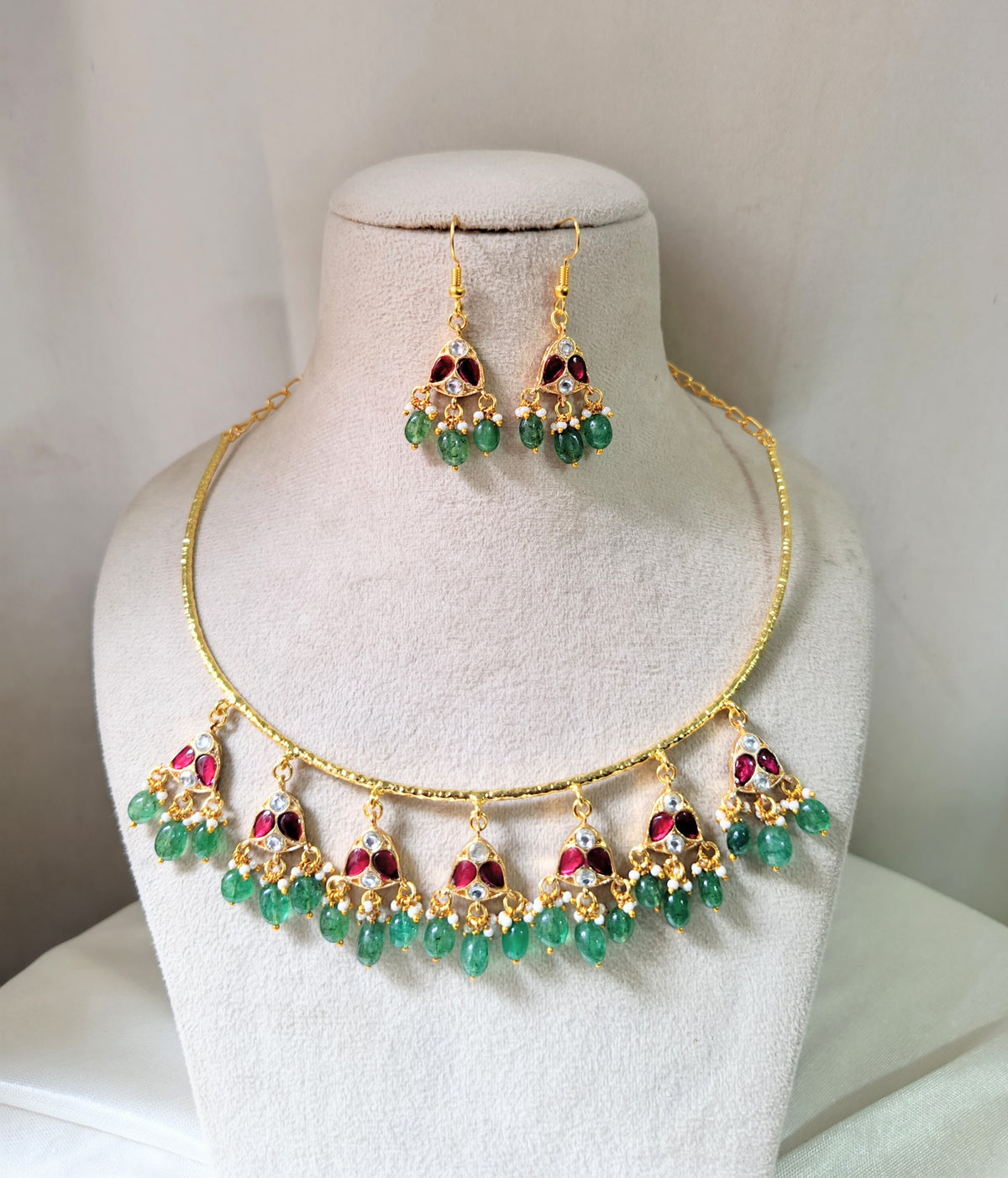 Royal Green Beaded Hasli Necklace Set with Earrings