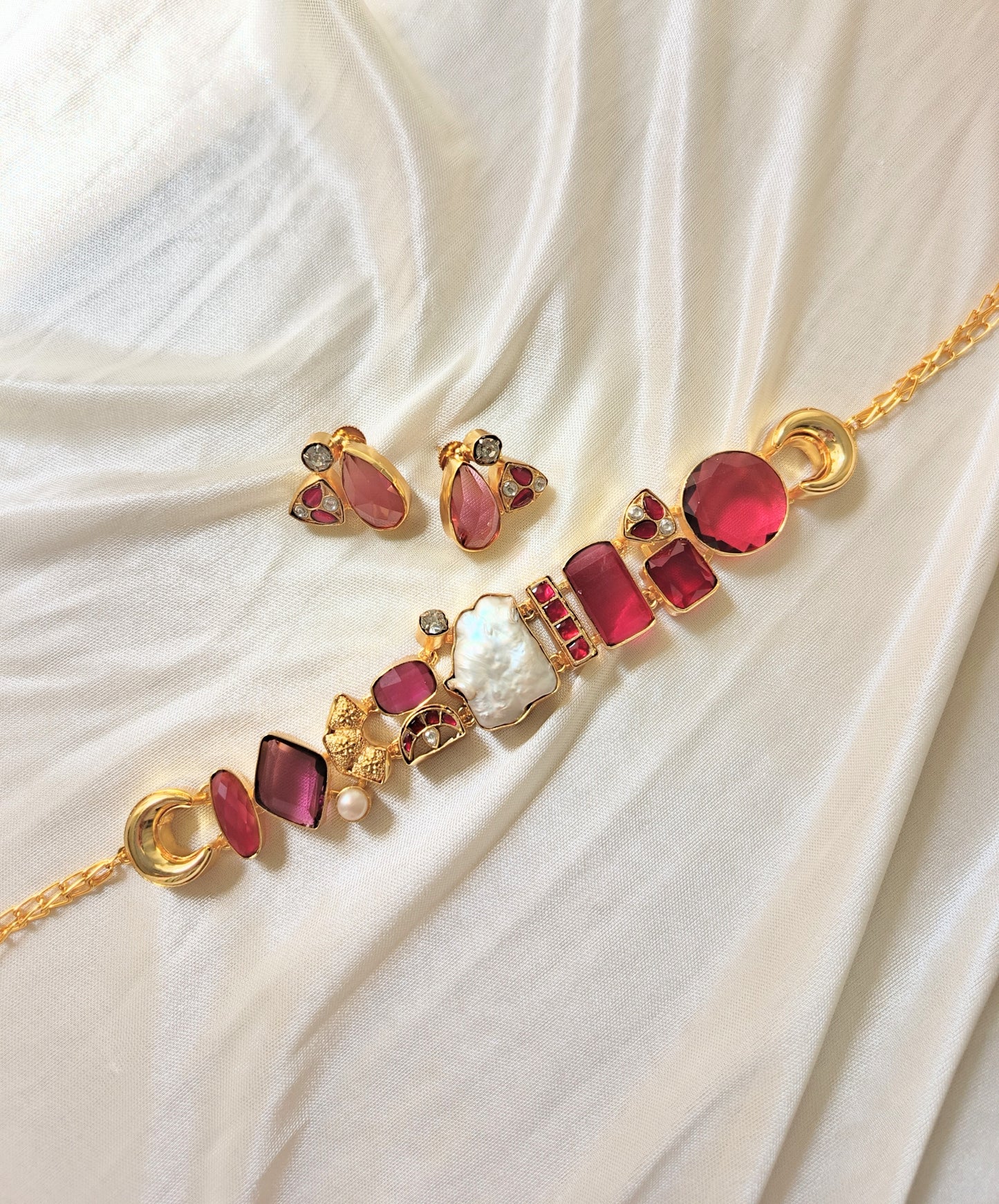 Ruby Red Statement Necklace Set with Baroque Pearl