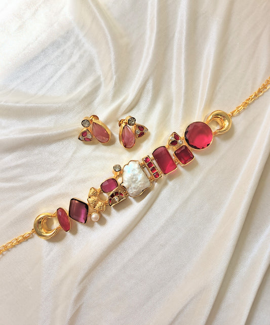 Ruby Red Statement Necklace Set with Baroque Pearl