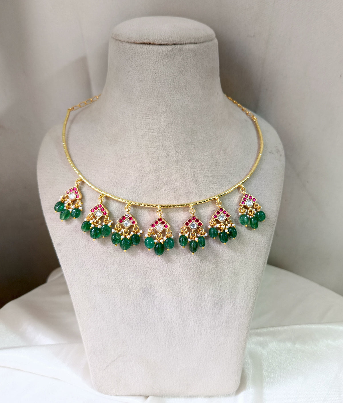Royal Green Beaded Hasli Necklace Set with Earrings