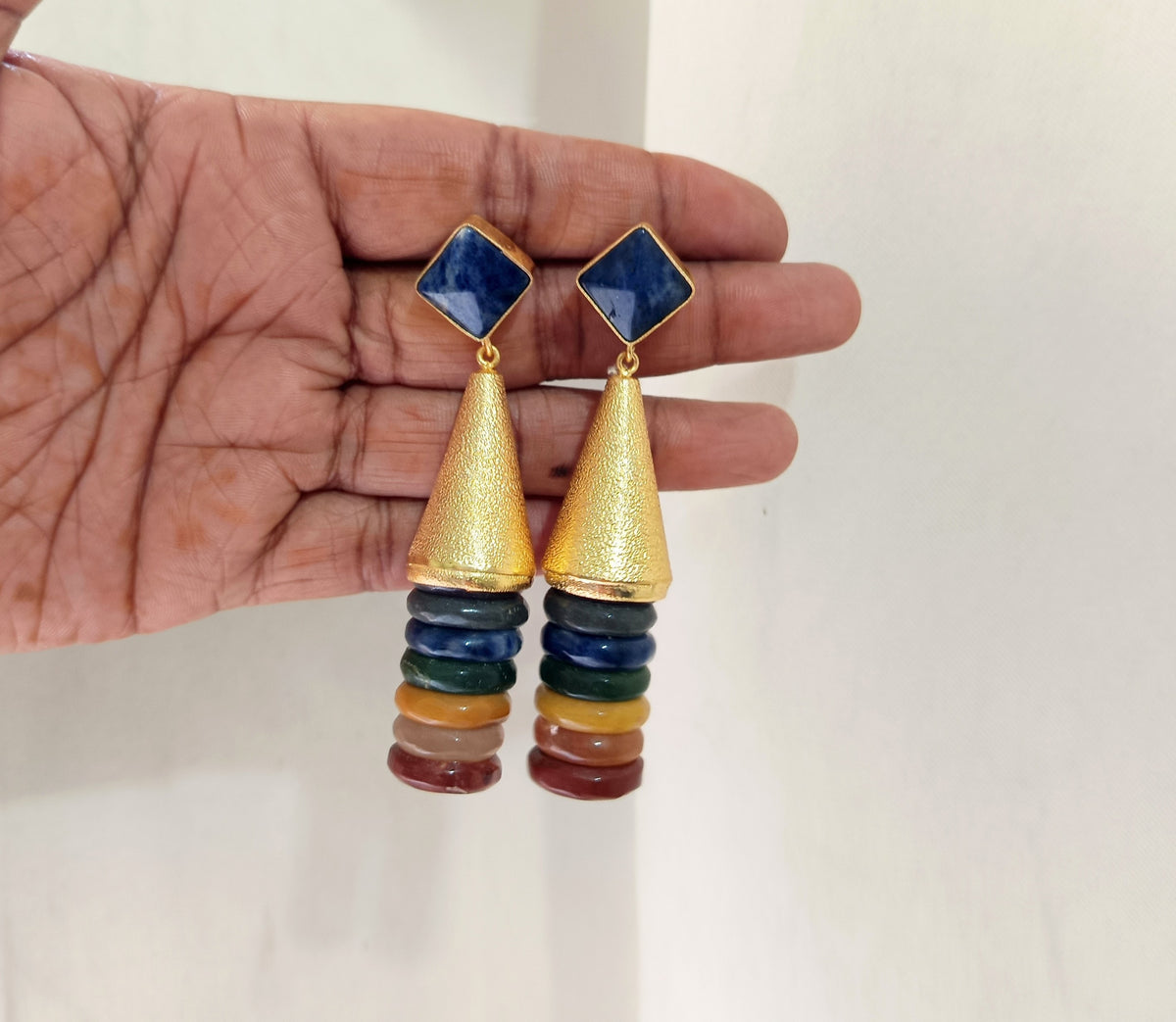 Royal Blue & Multicolor Gold-Plated Drop Earrings