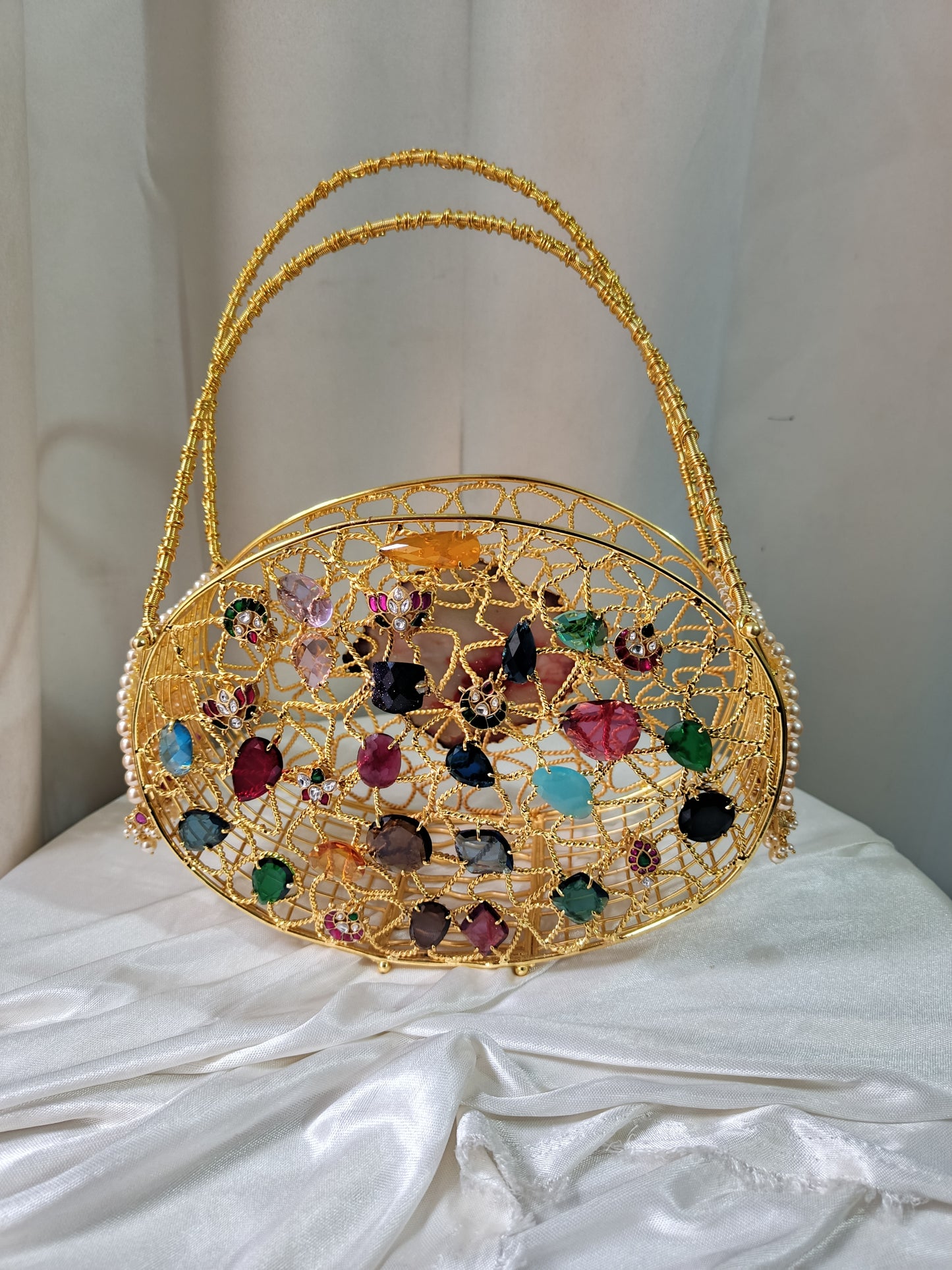 Multi-Stone Embellished Gold Metal Clutch Bag