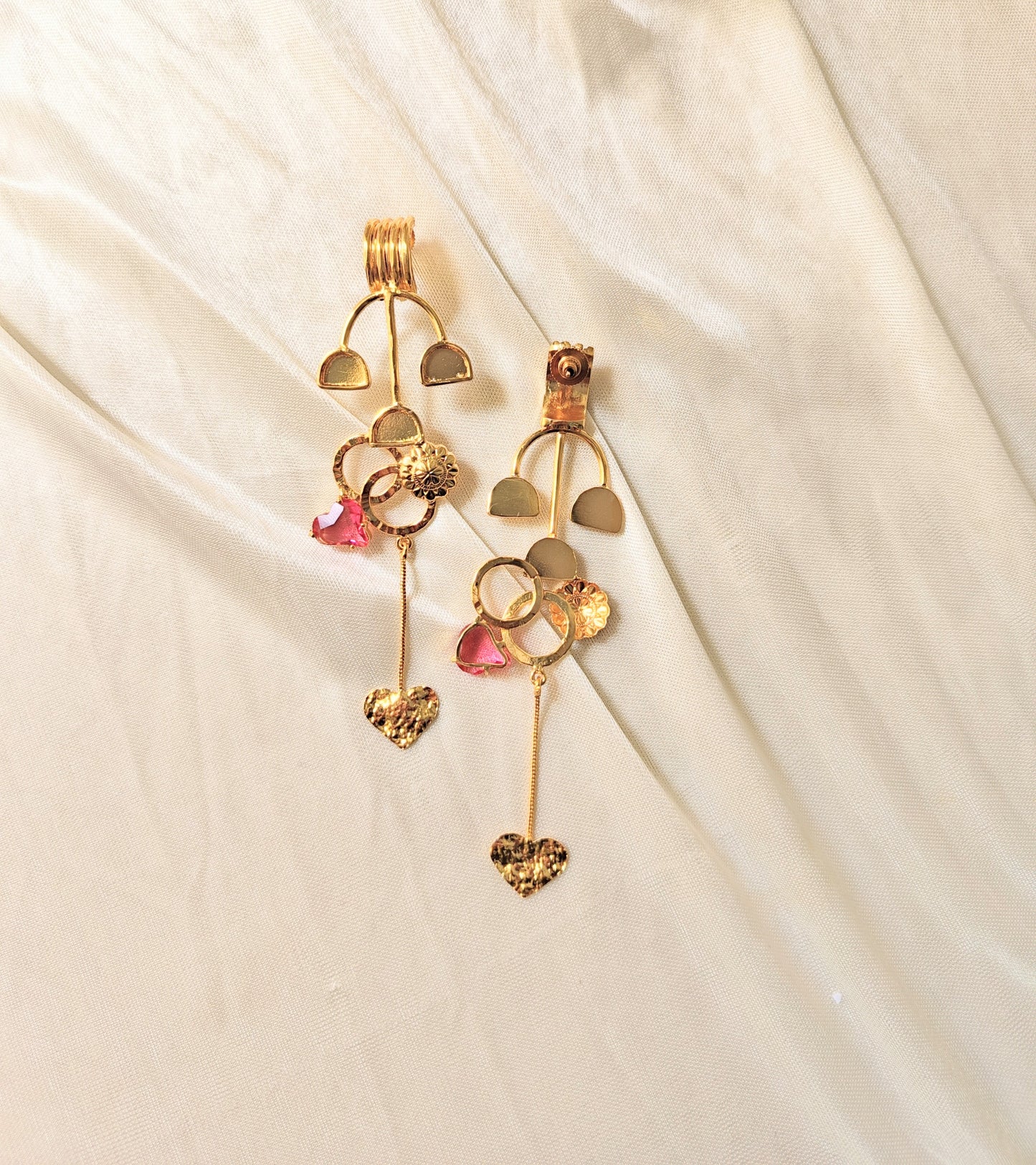 Golden Heart Drop Earrings with Pink Crystal Charm