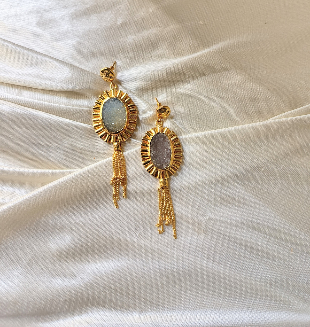Elegant Gold Druzy Oval Dangle Earrings