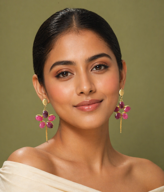 Ruby Pink Floral Drop Earrings with Gold Chain Tassels