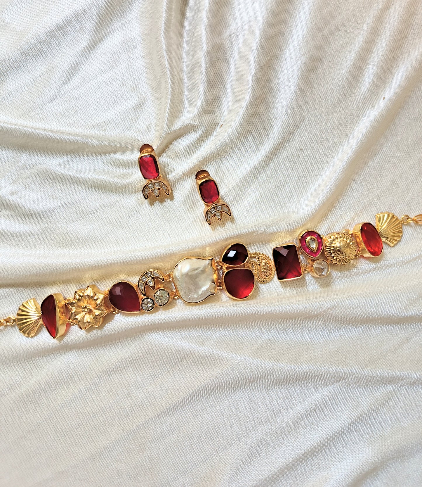 Elegant Ruby & Pearl Designer Necklace Set