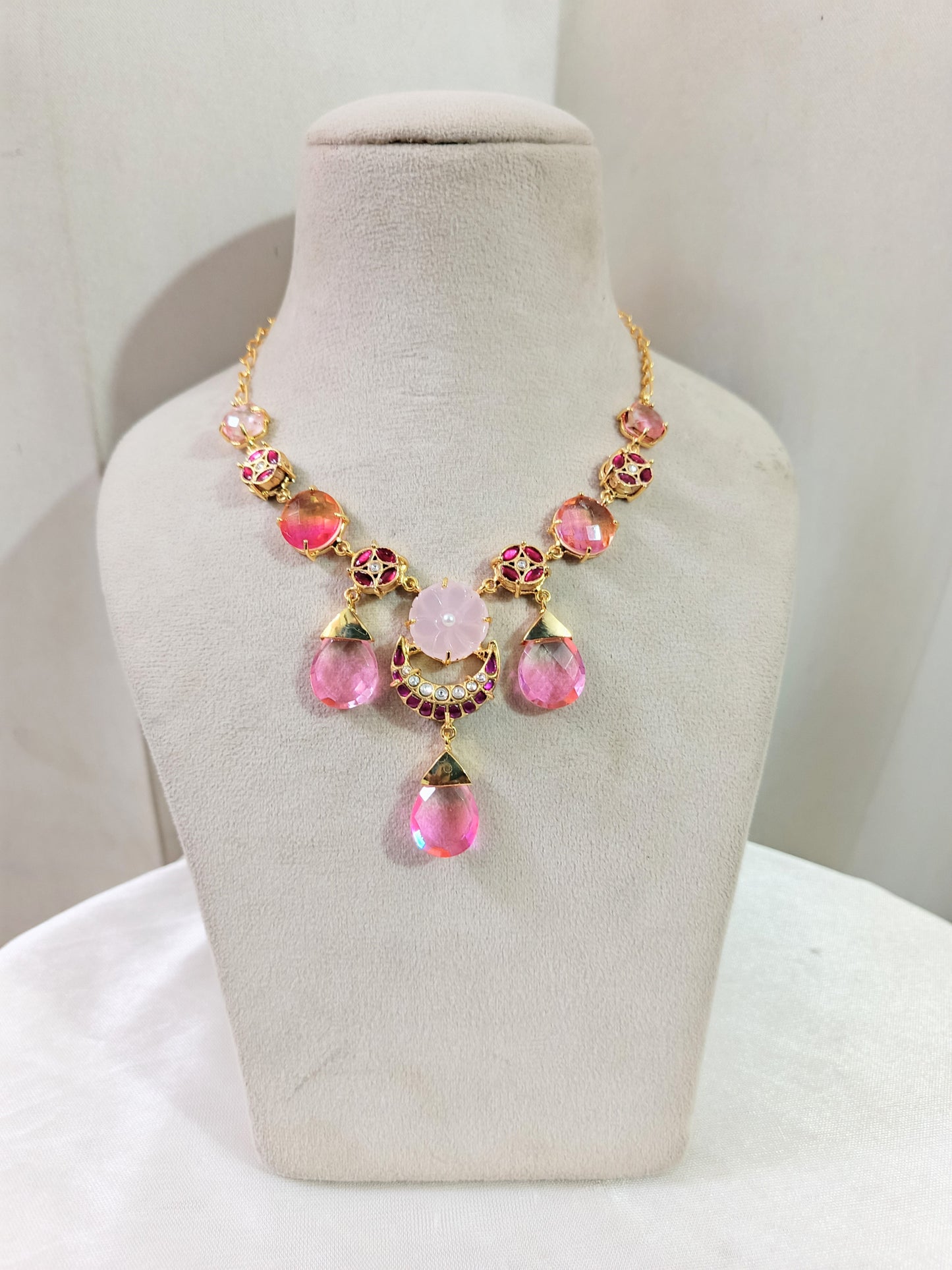 Pink Quartz-Inspired Floral Necklace & Earrings Set