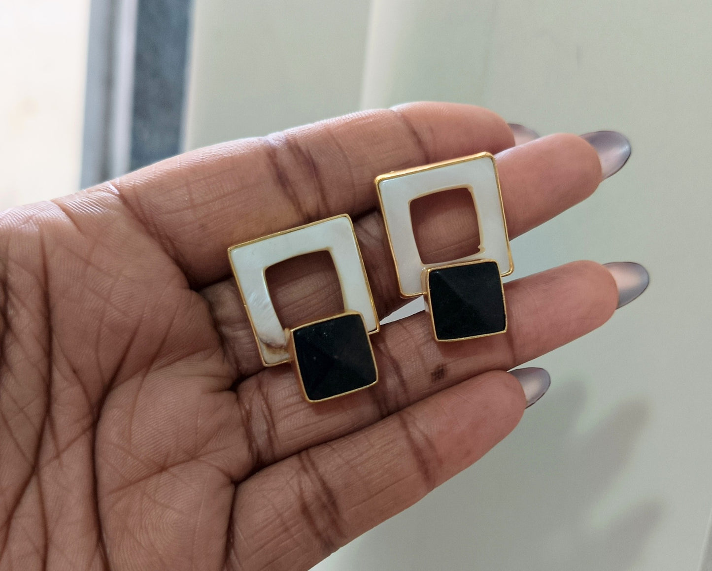 Geometric Stone Stud Earrings, Mother of Pearl Statement Studs
