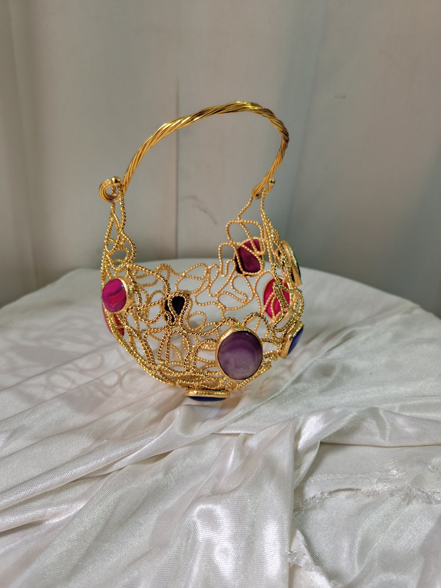 Luxury Handcrafted Gold Wire Crystal Evening Clutch Bag with Satin Pouch