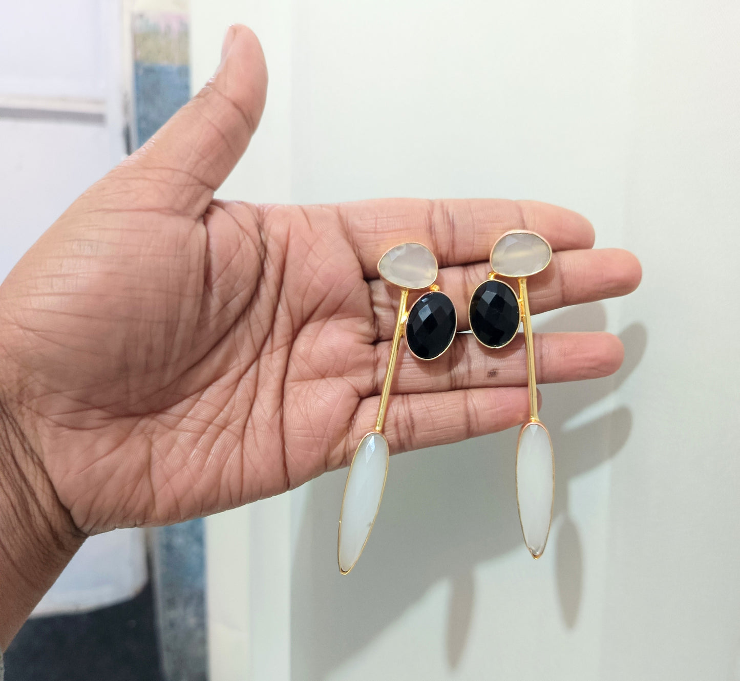 Luxury Gold Plated Black Onyx & White Stone Drop Earring