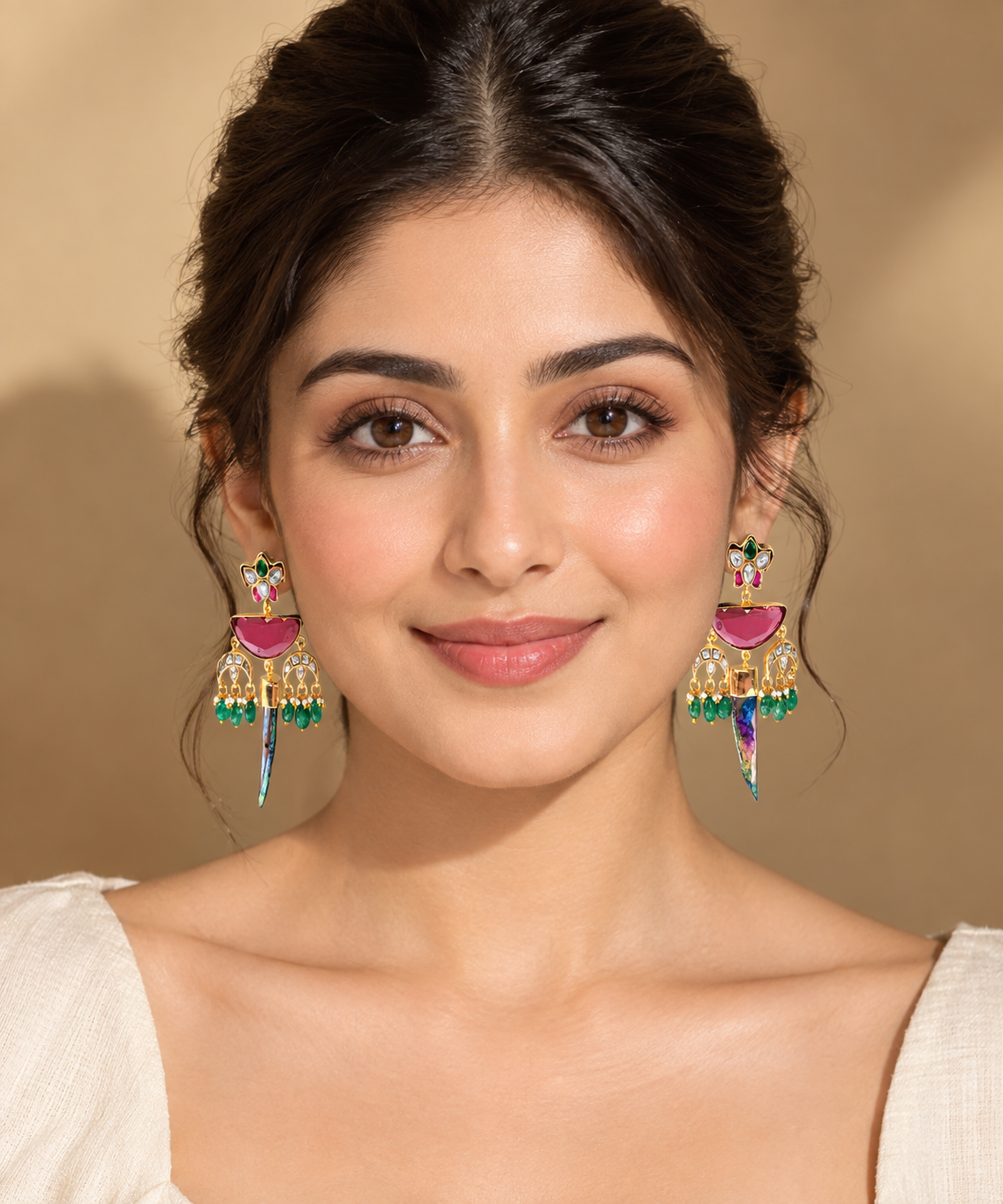 Pink & Emerald Kundan Statement Earrings