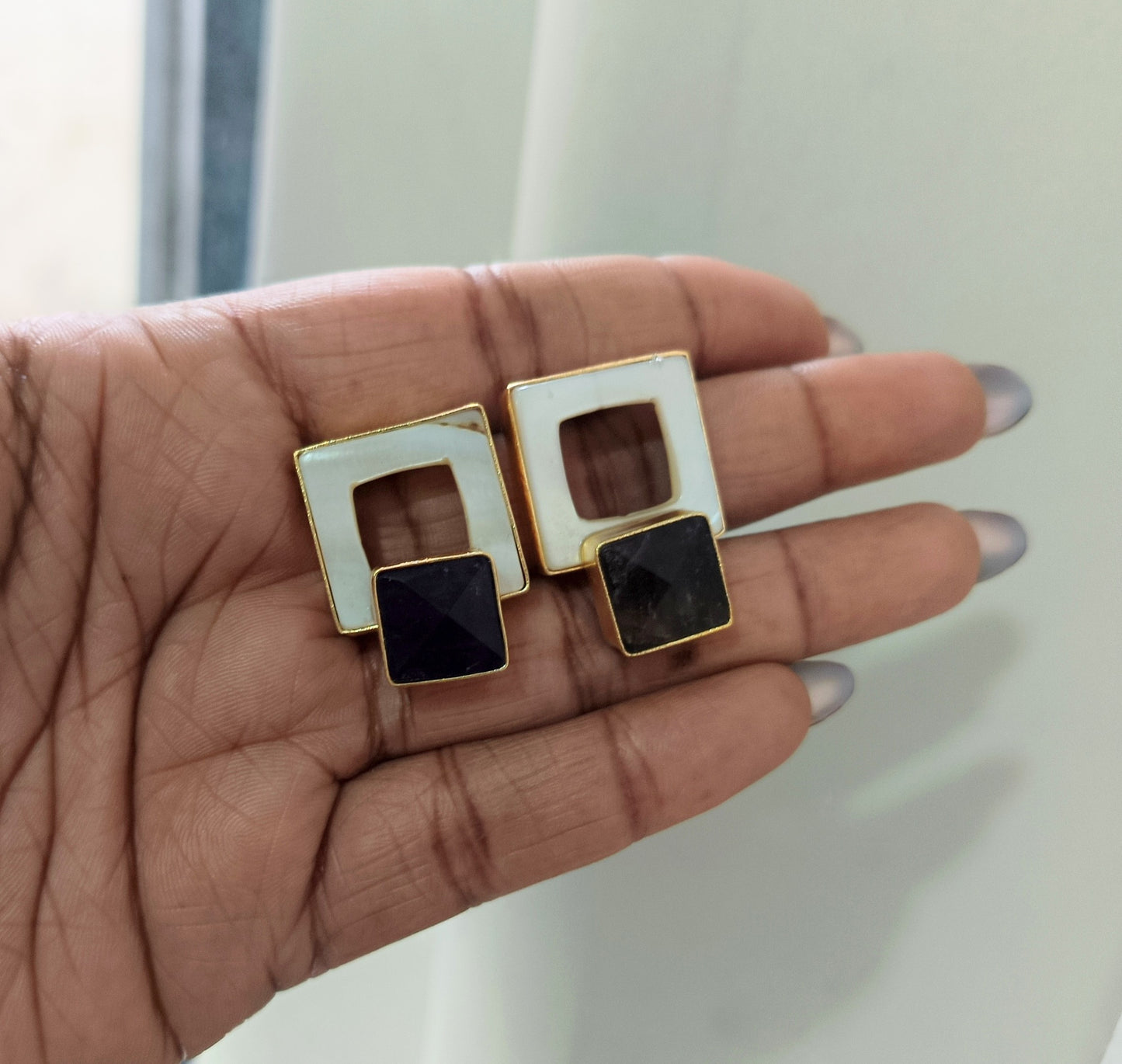 Geometric Stone Stud Earrings, Mother of Pearl Statement Studs