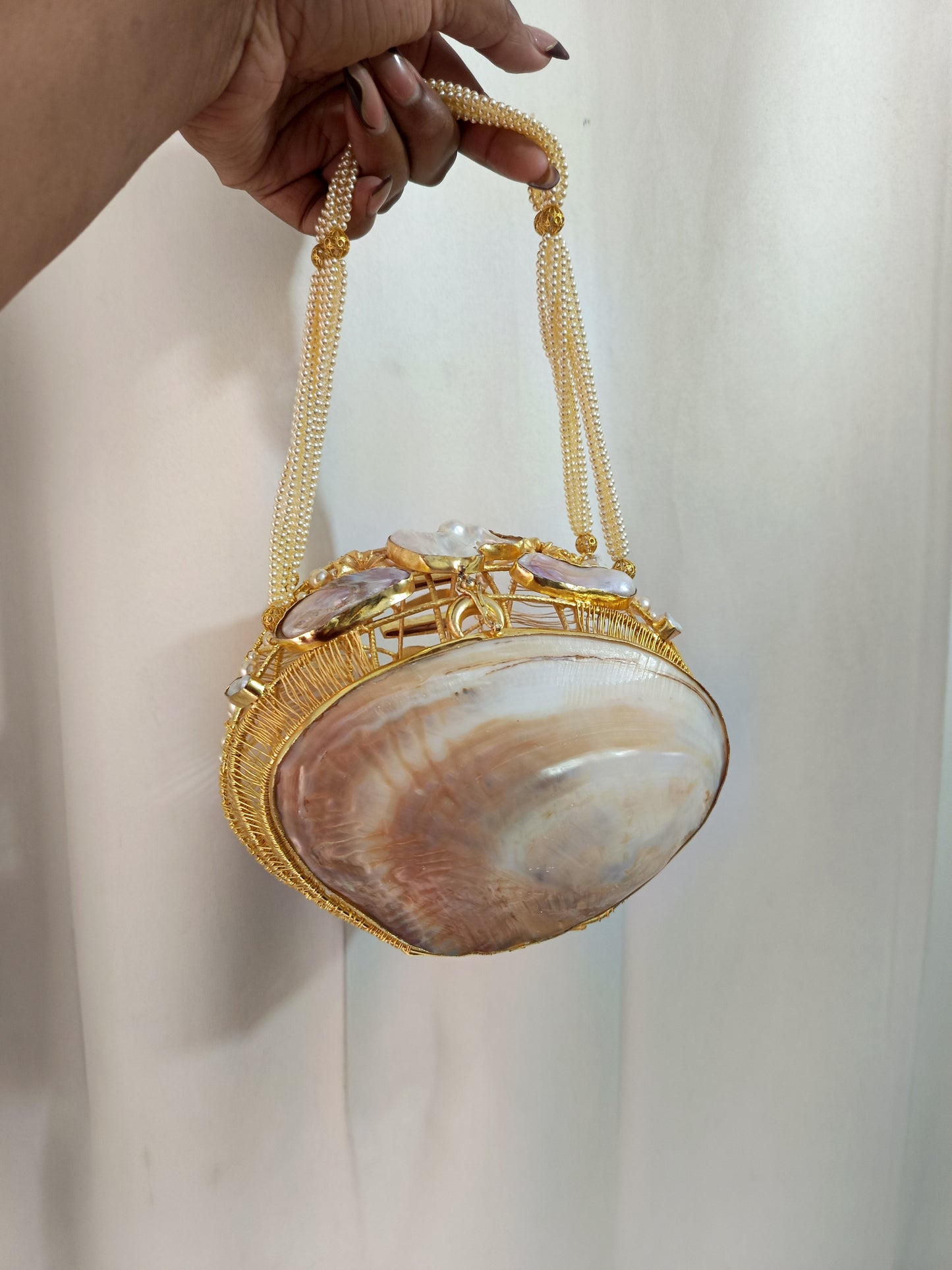 Handcrafted Mother of Pearl Shell Bag with Pearl Handle