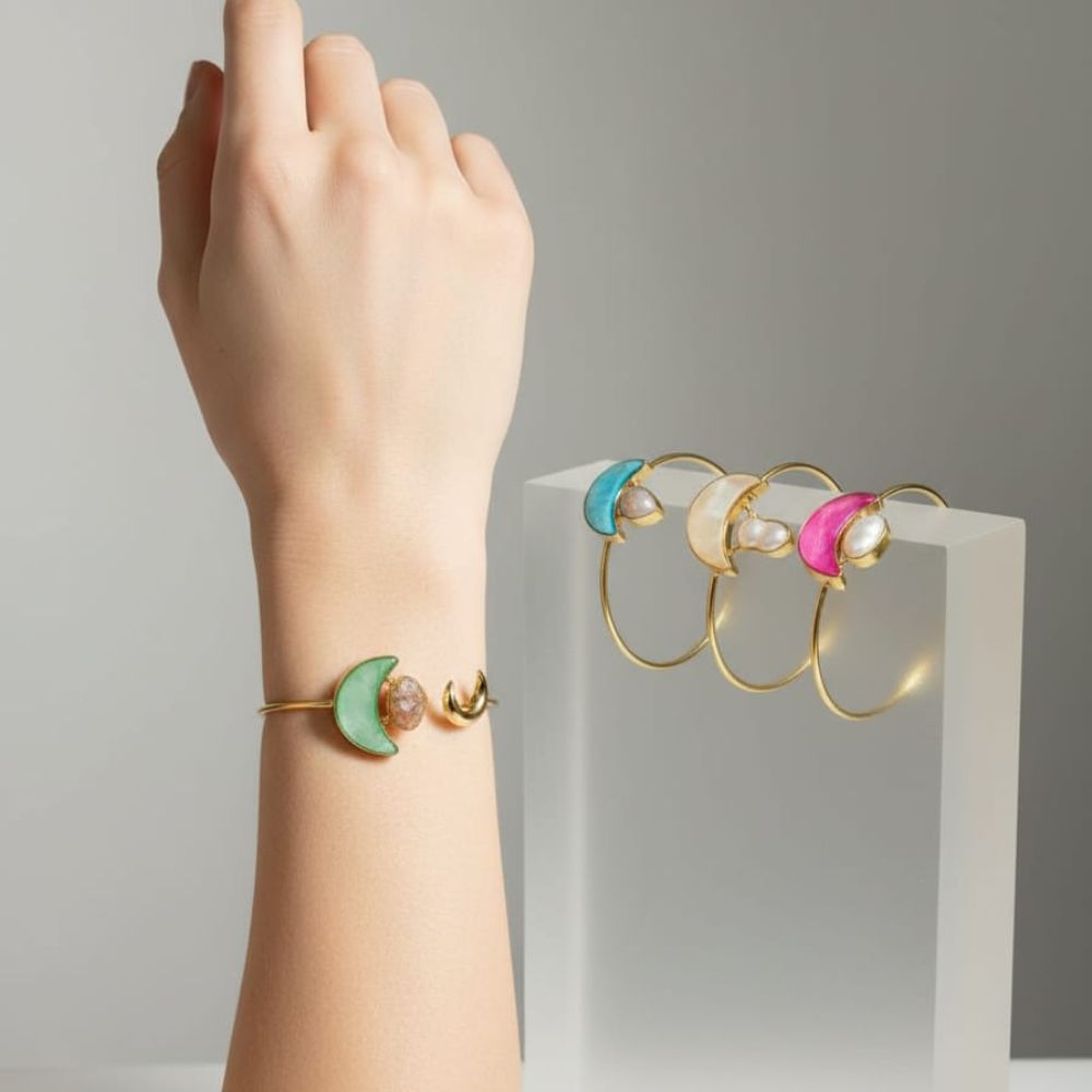 Elegant Gold Tone Handcuff with Colour Pearl