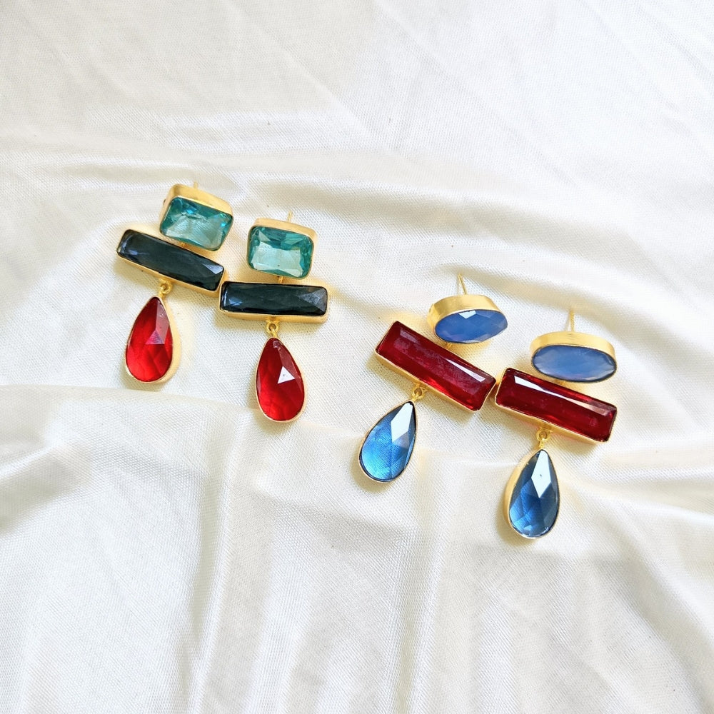 Gold - plated  Teal, Red Crystal Drop Earring