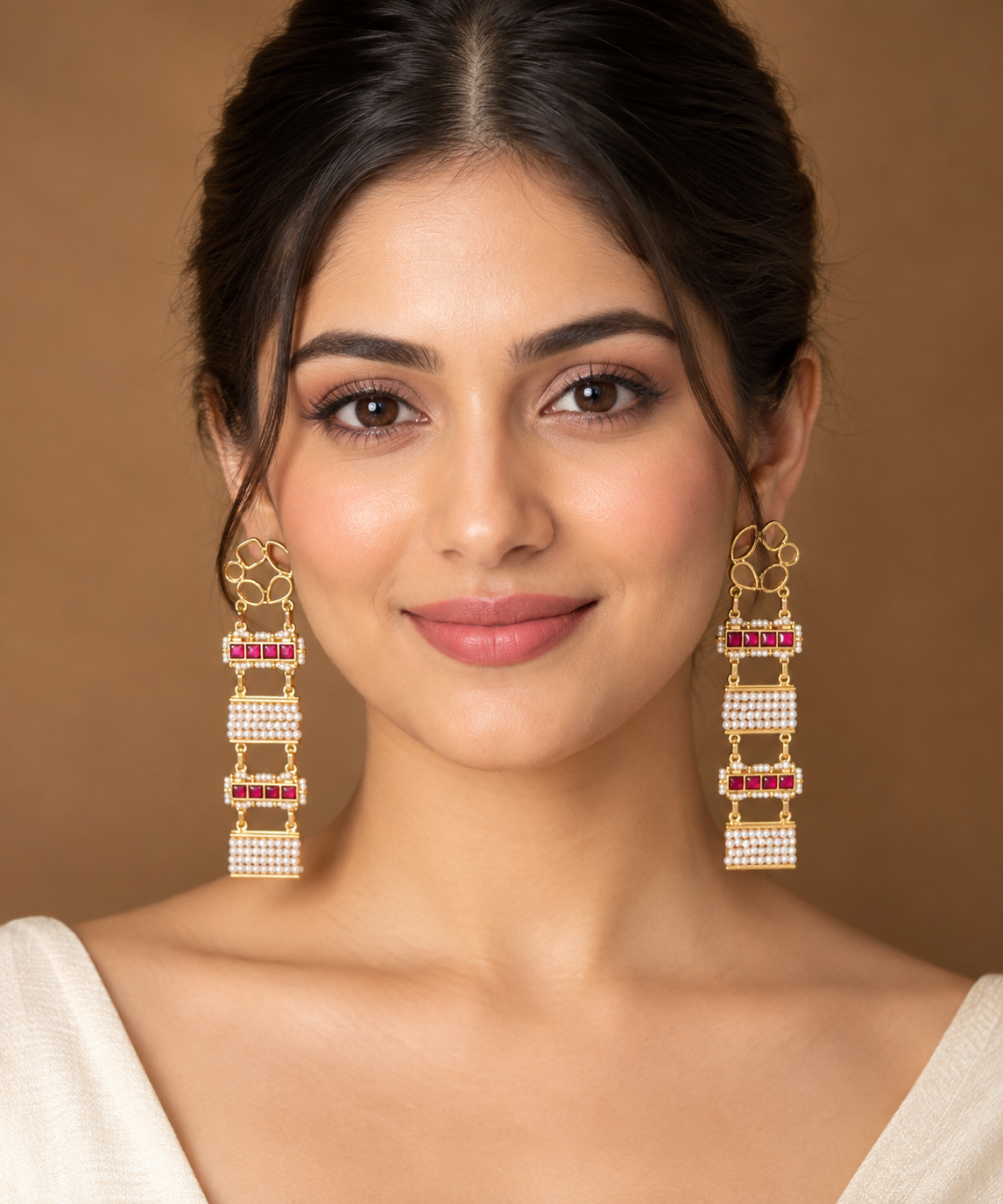 Ruby Pearl Long Drop Earrings