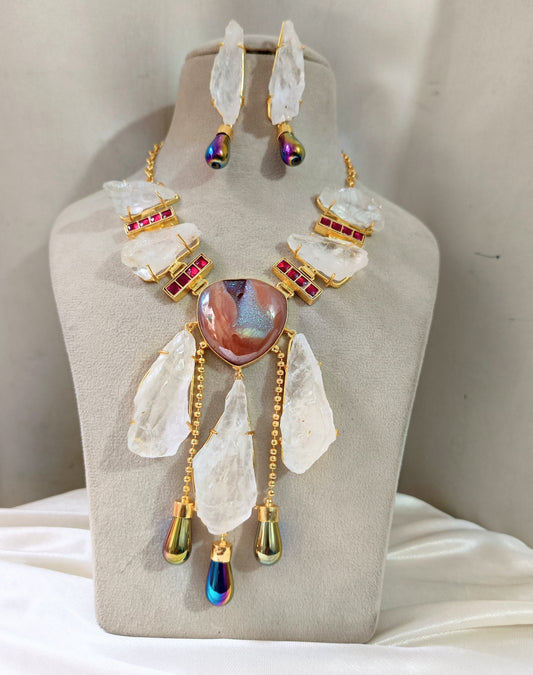 Raw Crystal & Ruby-Tone Gemstone Jewelry Set