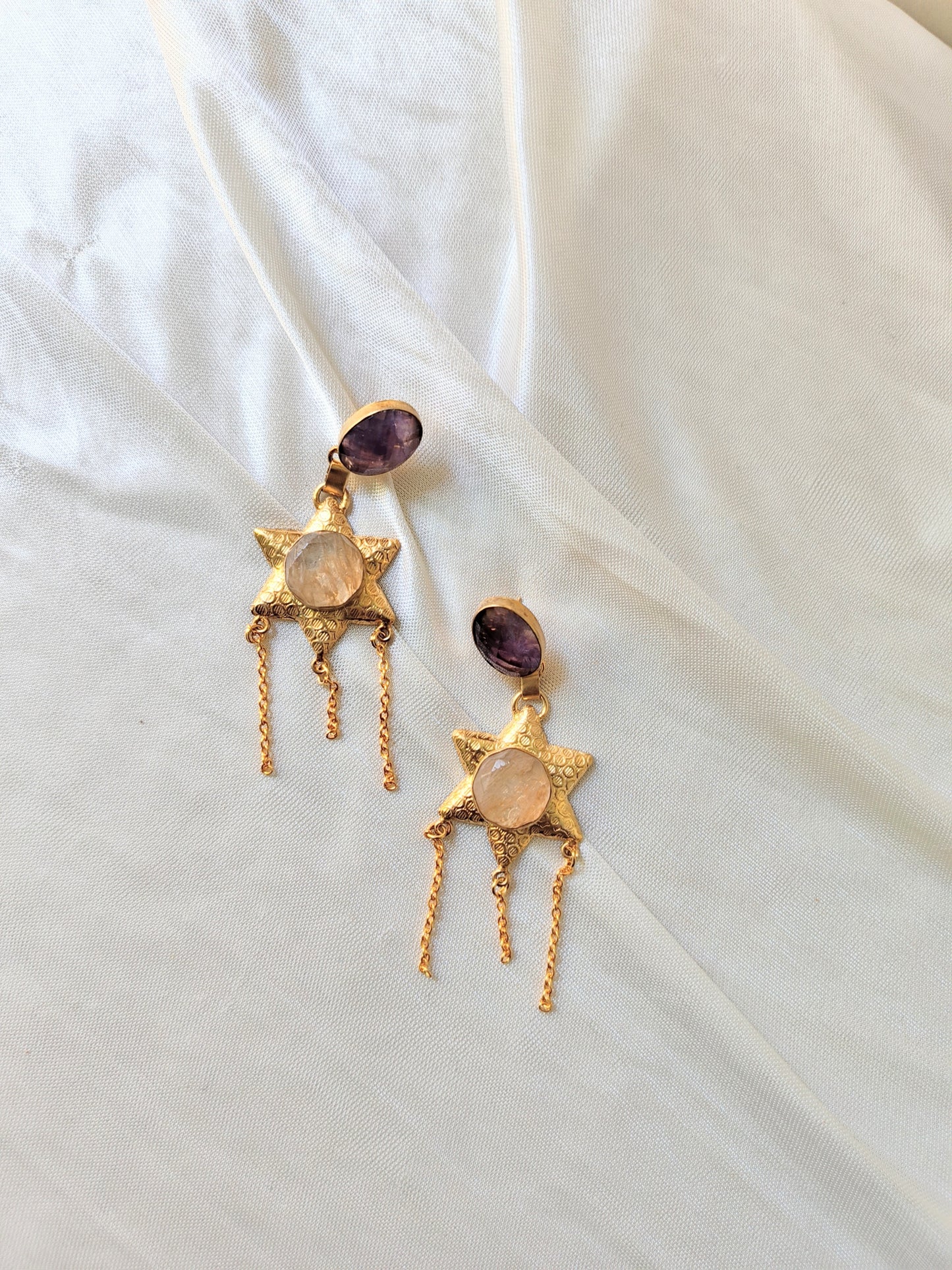 Gold Star Drop Earrings with Amethyst