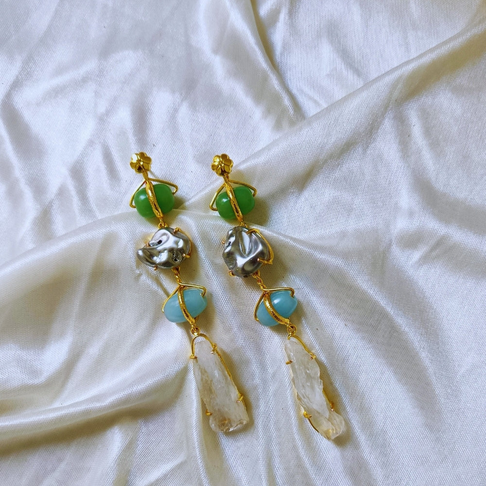 Boho luxe gold drop earring with green & aqua blue raw Crystal