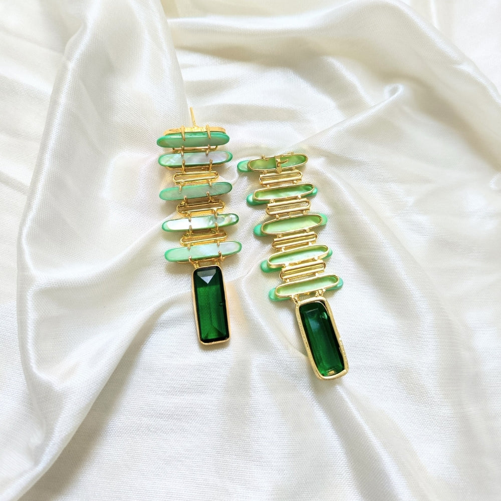 Green Gemstone & Pearl Layered Long Drop Earring