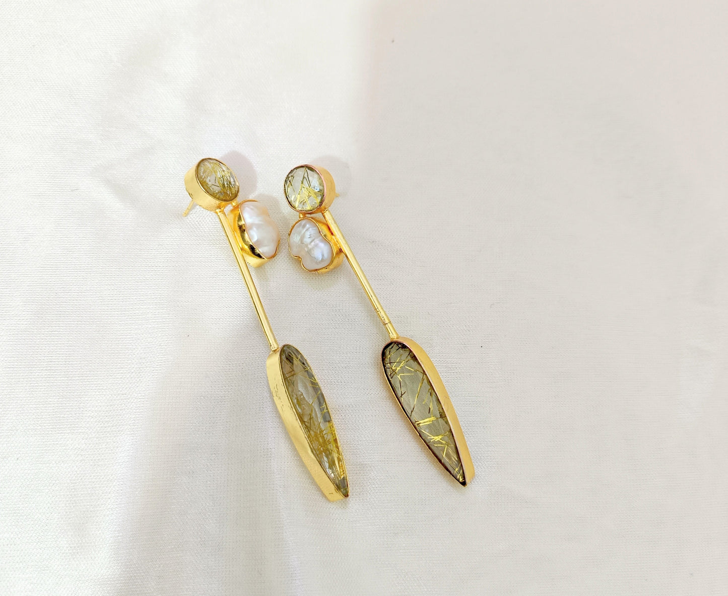 Minimalist Gold Plated Rutile Quartz Pearl Linear Earring