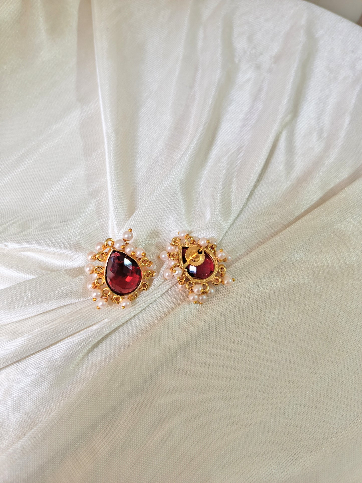 Elegant Ruby Stone Pearl Studs