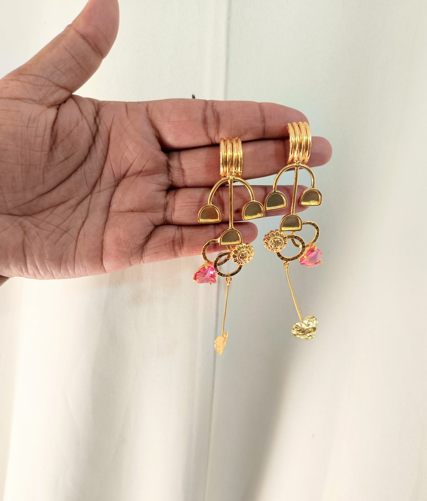 Golden Heart Drop Earrings with Pink Crystal Charm