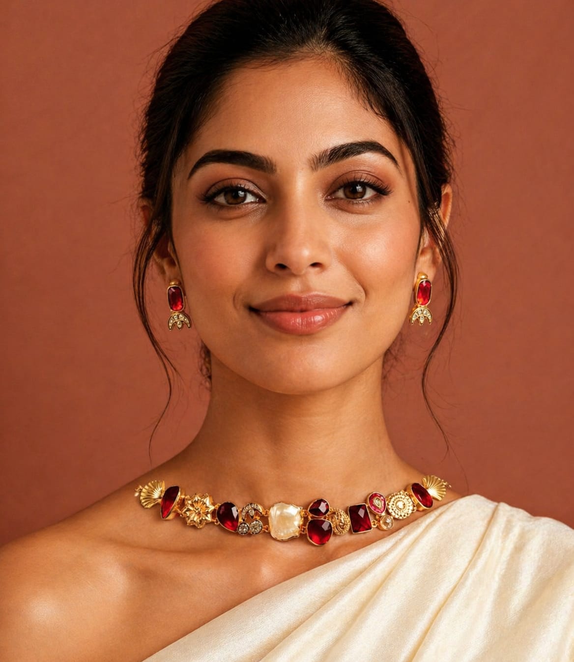 Elegant Ruby & Pearl Designer Necklace Set