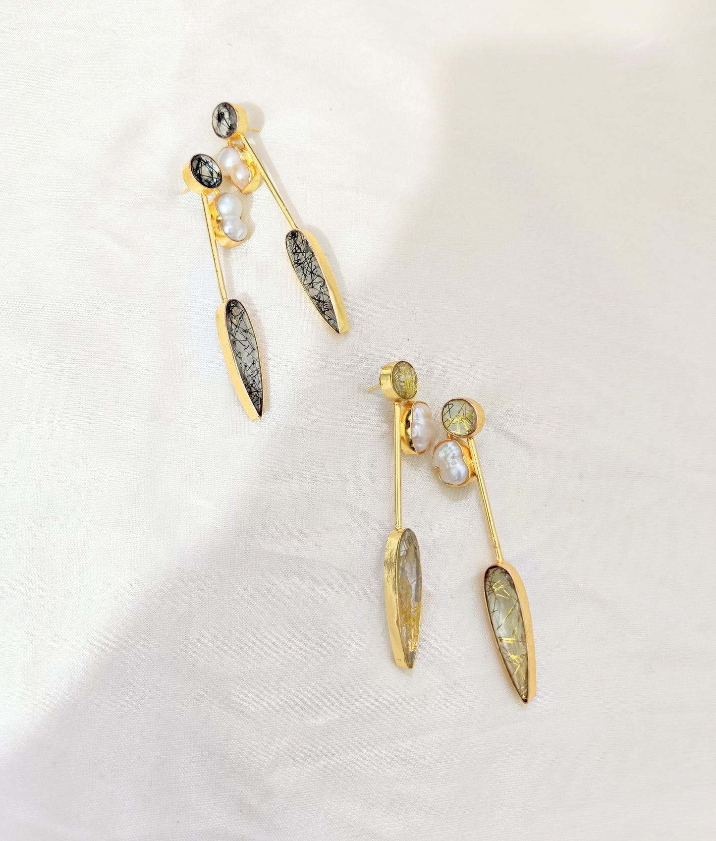 Minimalist Gold Plated Rutile Quartz Pearl Linear Earring
