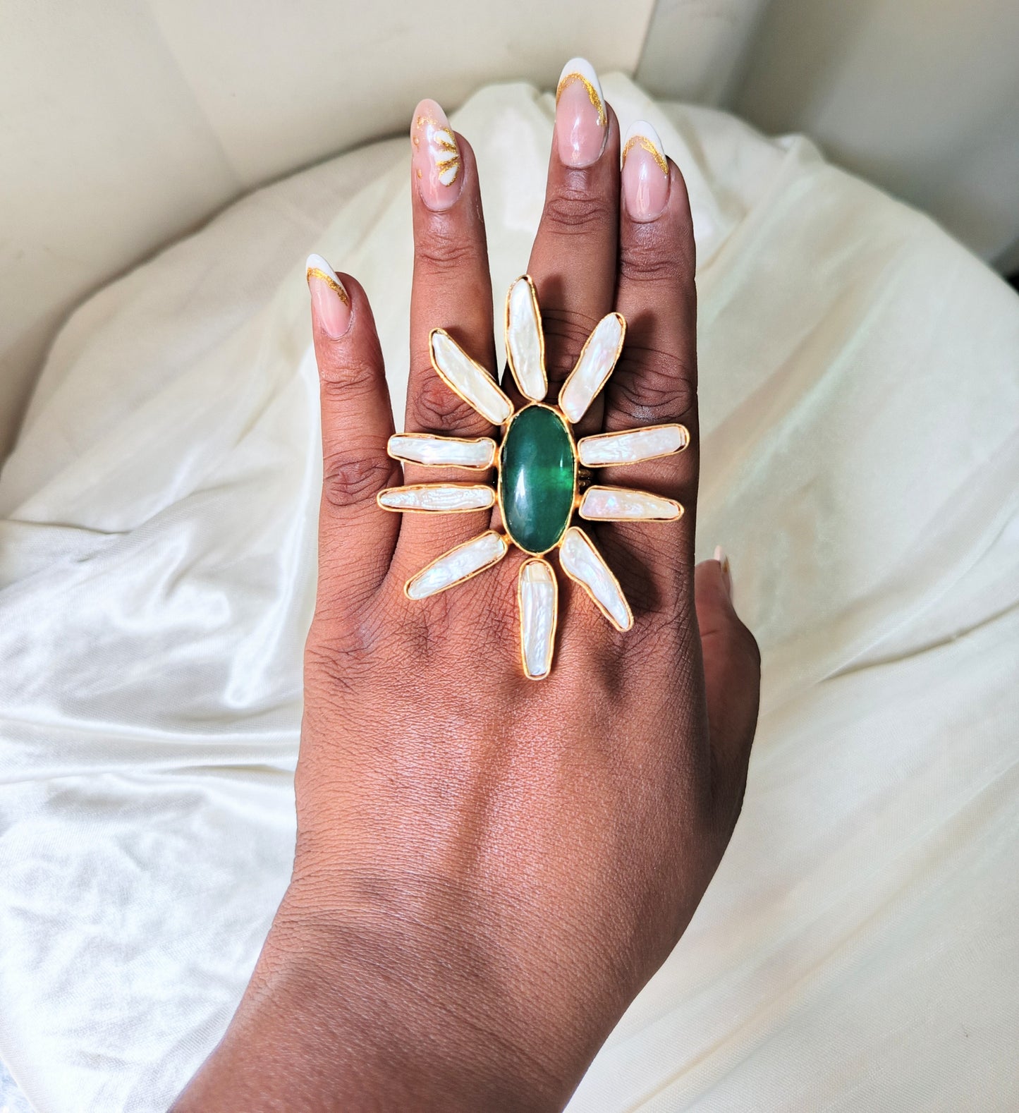 Emerald Sunburst Pearl Statement Ring