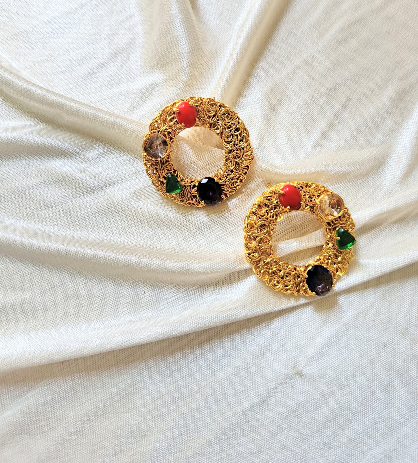 Gold Filigree Circle Earrings with Multicolor Gemstones