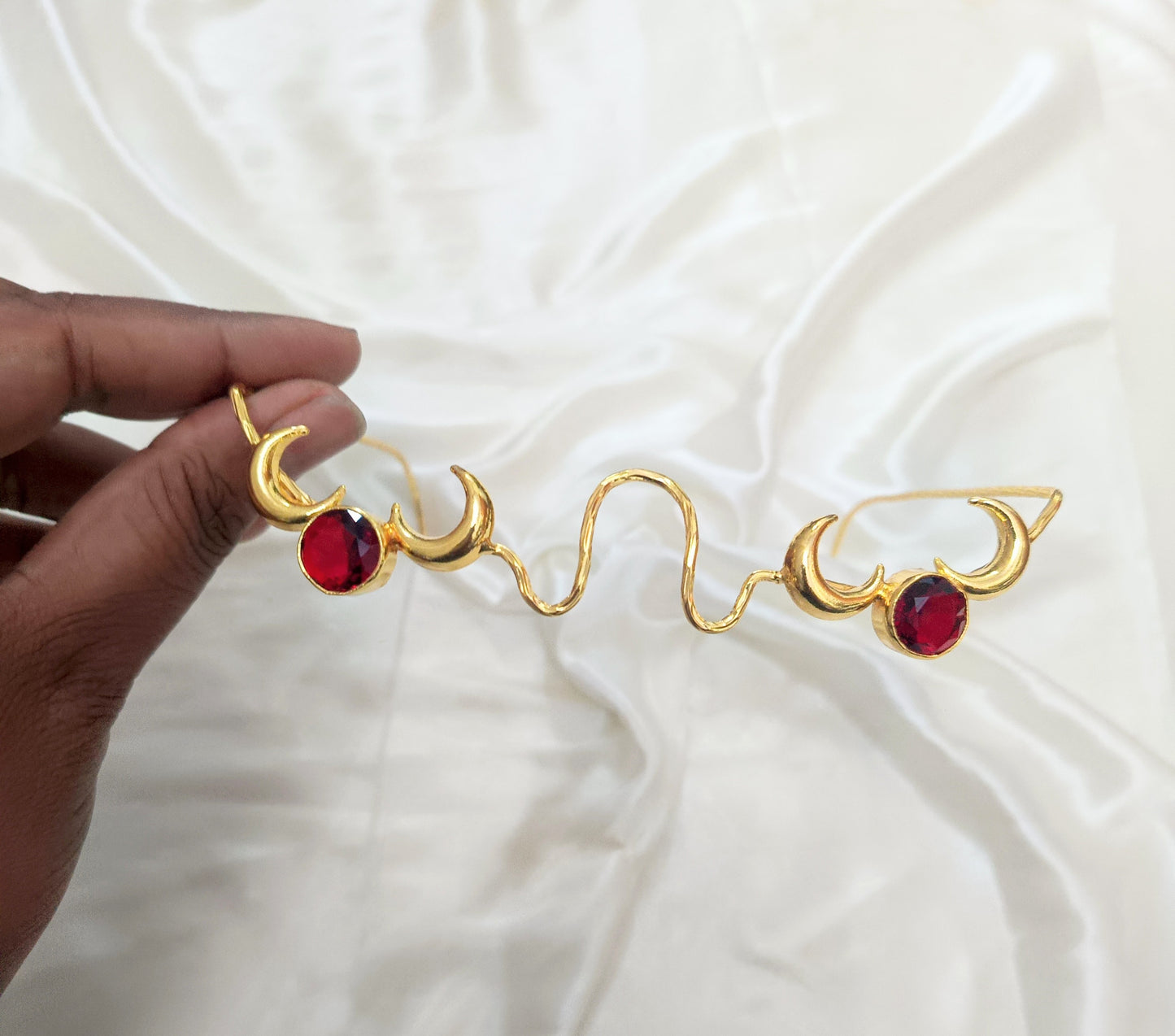 Gold Crescent Moon Red Stone facelets