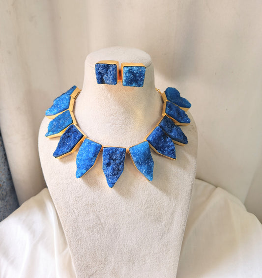Royal Blue Druzy Statement Necklace & Stud Earring Set