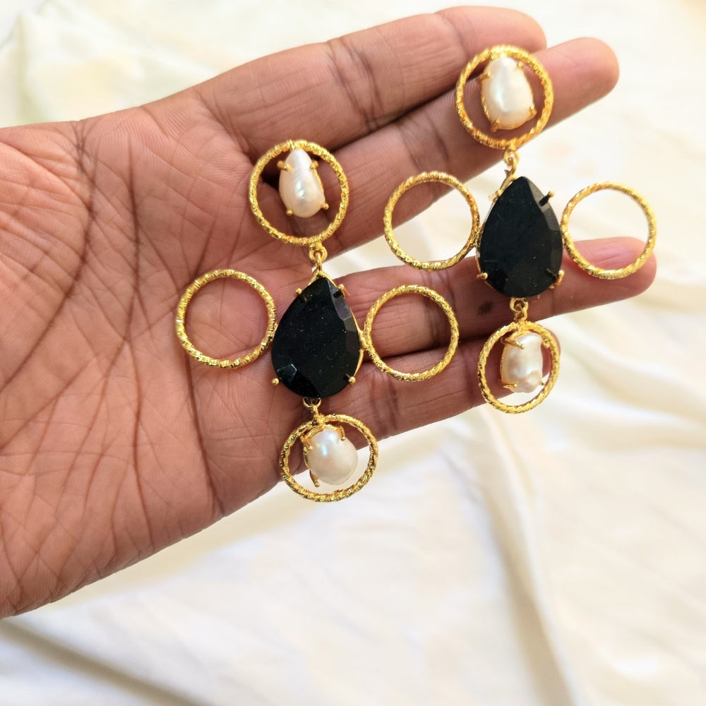 Modern Gold plated Black and Pearl designer Drop Earring