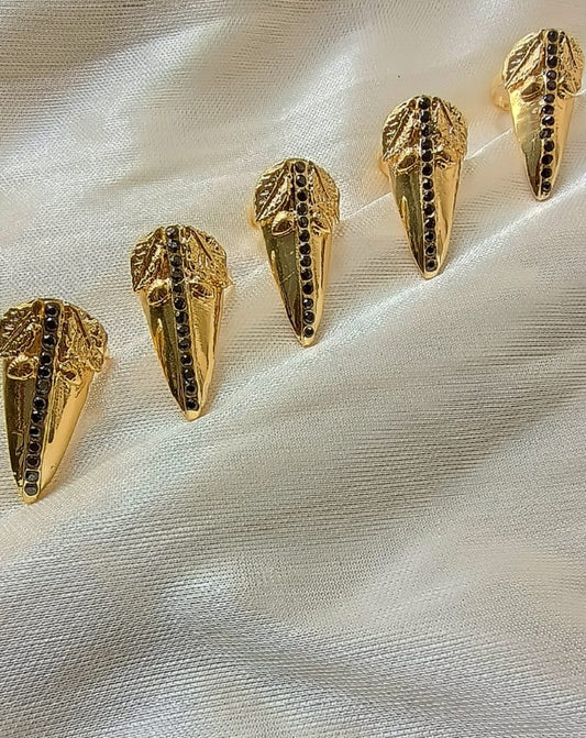 Designer Gold Nail Claw Rings | Black Stone Accent Nail Tips