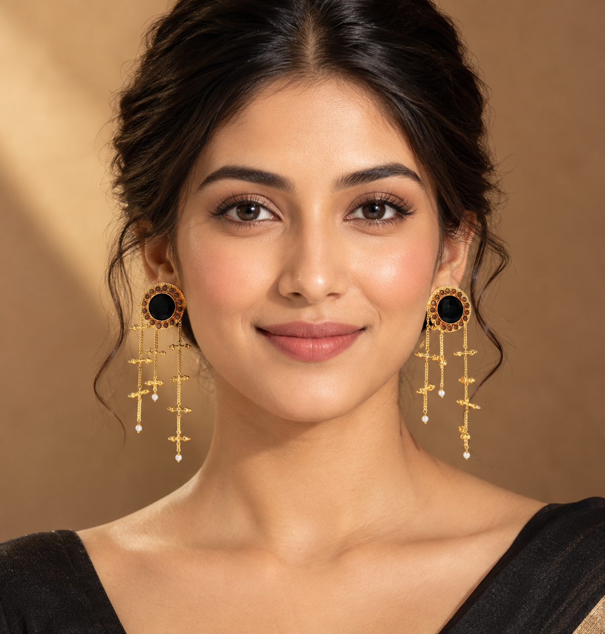 Antique Gold Black Stone Dangle Earrings