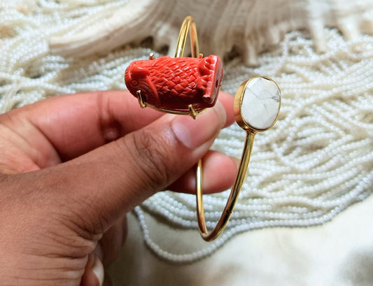 Carved Red Coral with White Stone Handcuff