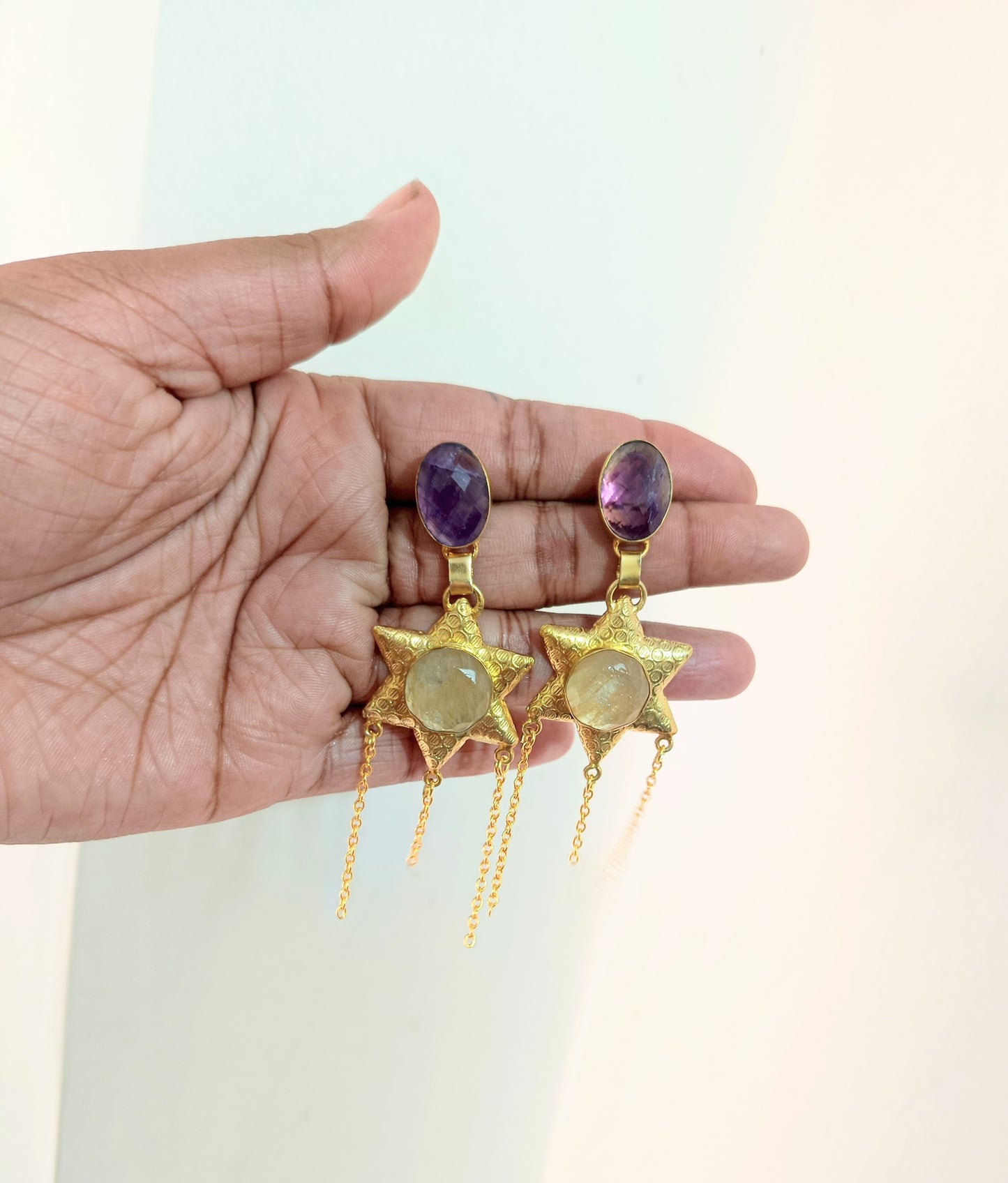 Gold Star Drop Earrings with Amethyst