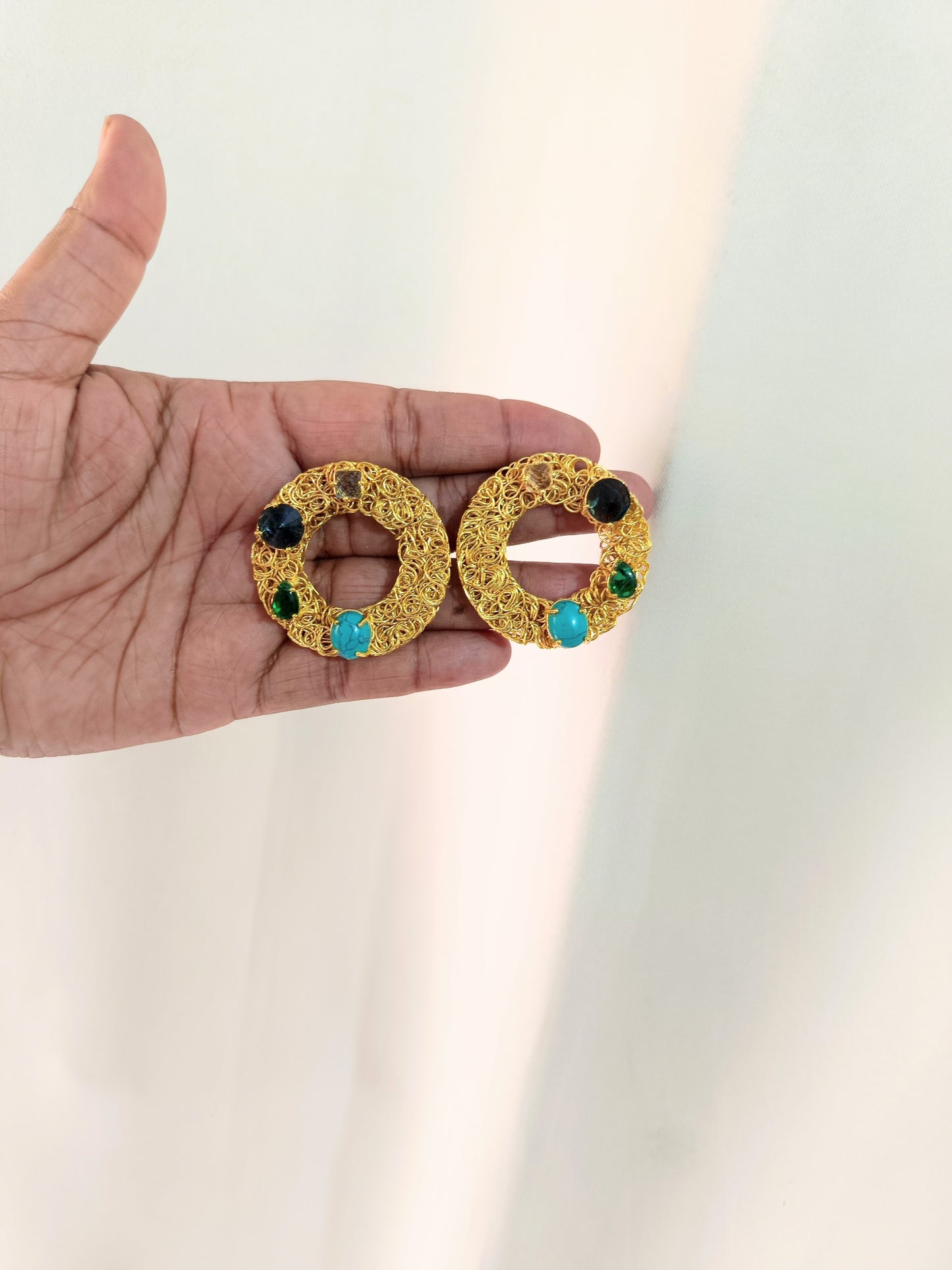 Gold Filigree Circle Earrings with Multicolor Gemstones