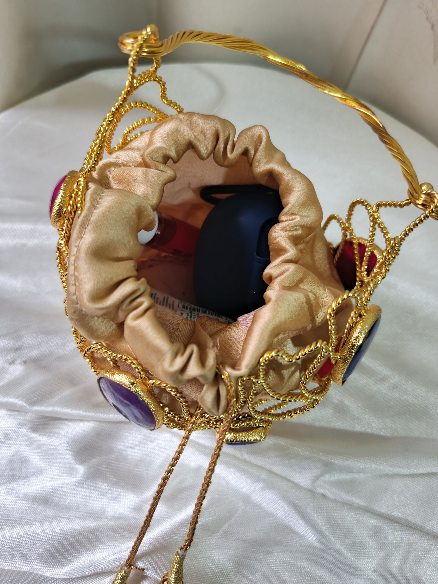Luxury Handcrafted Gold Wire Crystal Evening Clutch Bag with Satin Pouch