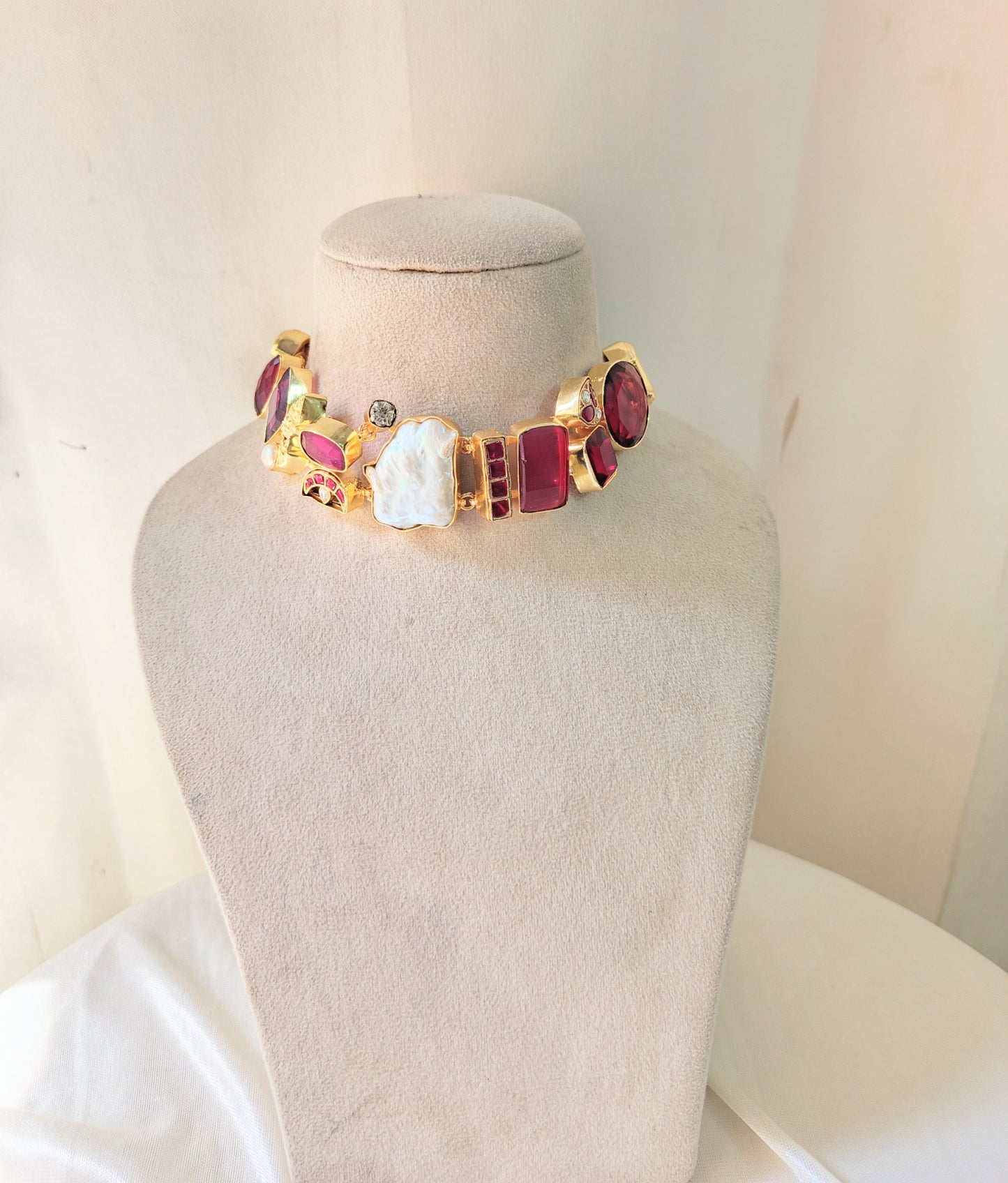 Ruby Red Statement Necklace Set with Baroque Pearl