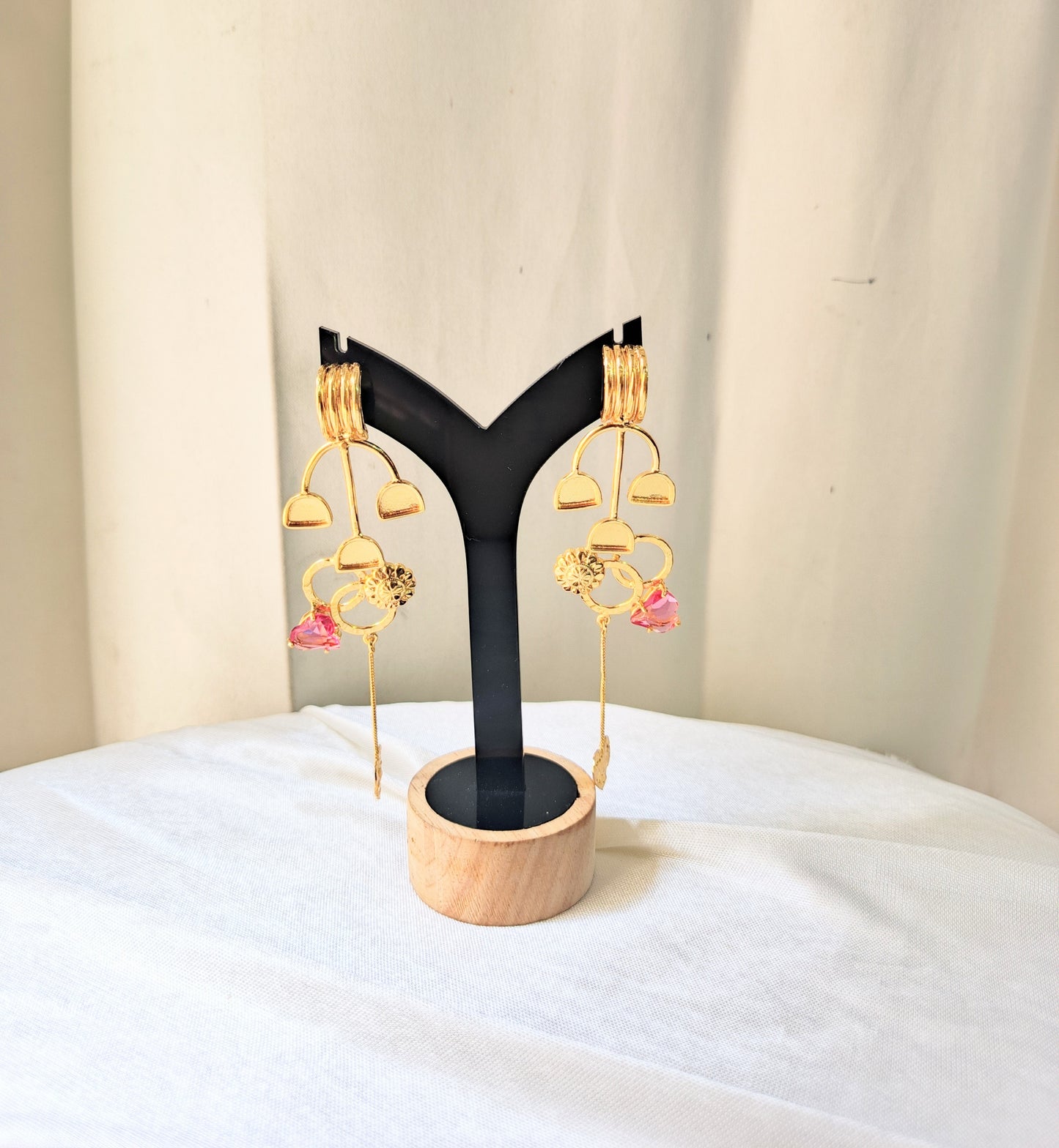 Golden Heart Drop Earrings with Pink Crystal Charm