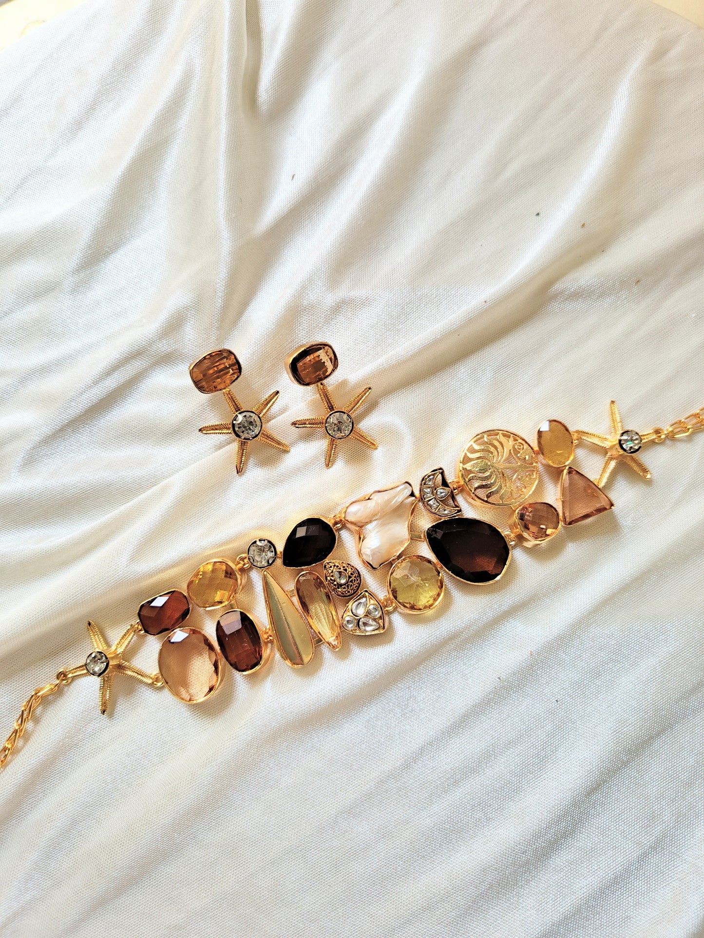 Golden Amber Multi-Stone Statement Necklace Set with Earrings