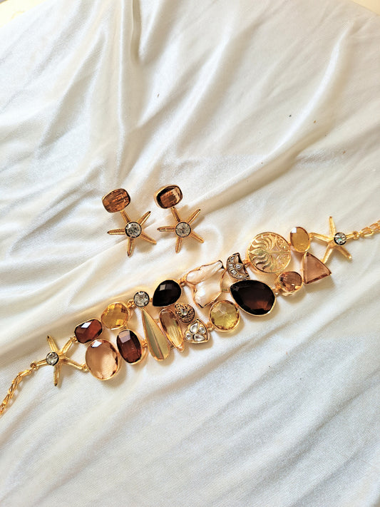 Golden Amber Multi-Stone Statement Necklace Set with Earrings